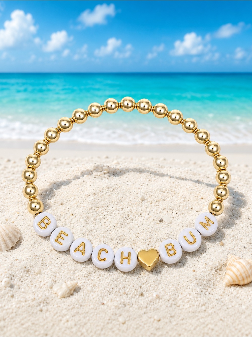 Hand Crafted Gold White BEACH BUM Stretch Bracelet 7”